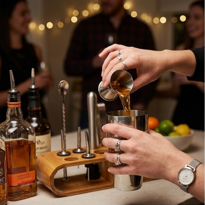 Stainless Steel Cocktail Shaker  with Wooden Stand for Home Bar Party