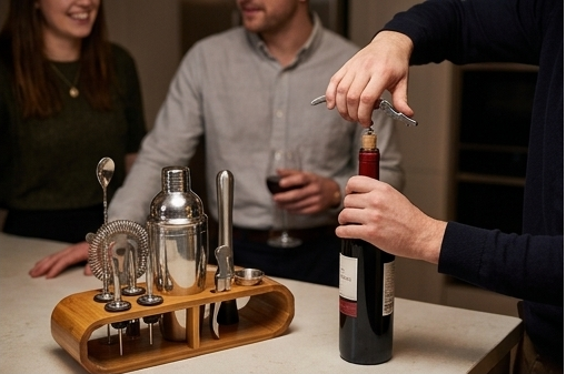 Stainless Steel Cocktail Shaker  with Wooden Stand for Home Bar Party