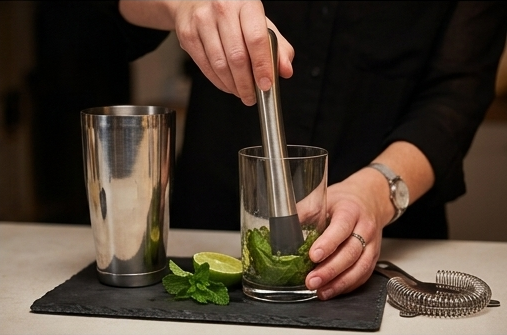 Stainless Steel Cocktail Shaker  with Wooden Stand for Home Bar Party