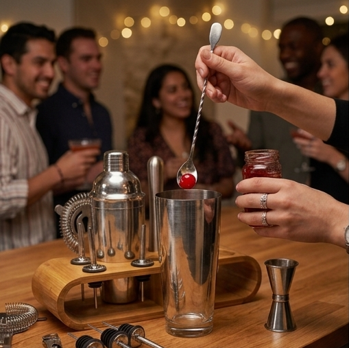 Stainless Steel Cocktail Shaker  with Wooden Stand for Home Bar Party